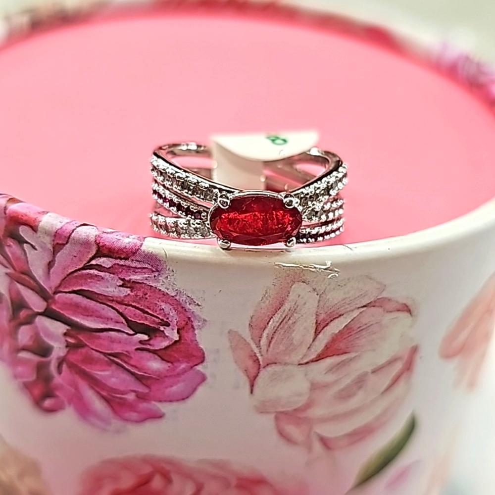 Bomb party Ring Size 8, Main Stone , Lab Ruby Fused with Genuine Quartz